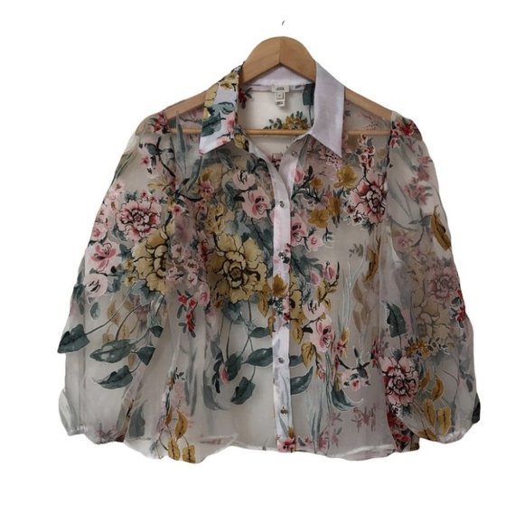 ❌️SOLD ❌️ River Island Sheer Puff Sleeve Floral Top - Picture 1 of 9